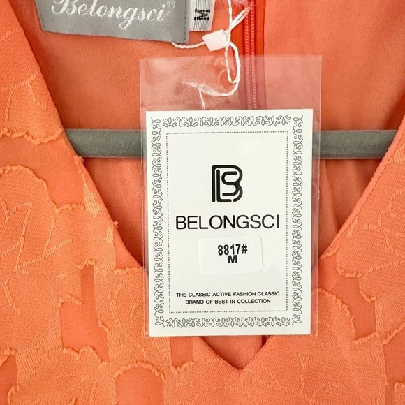 ๐ด ๐ BELONGSCI Shift Design Dress V-Neck 3/4 Bell Sleeve. Orange. Size M. NWT. - Picture 5 of 12